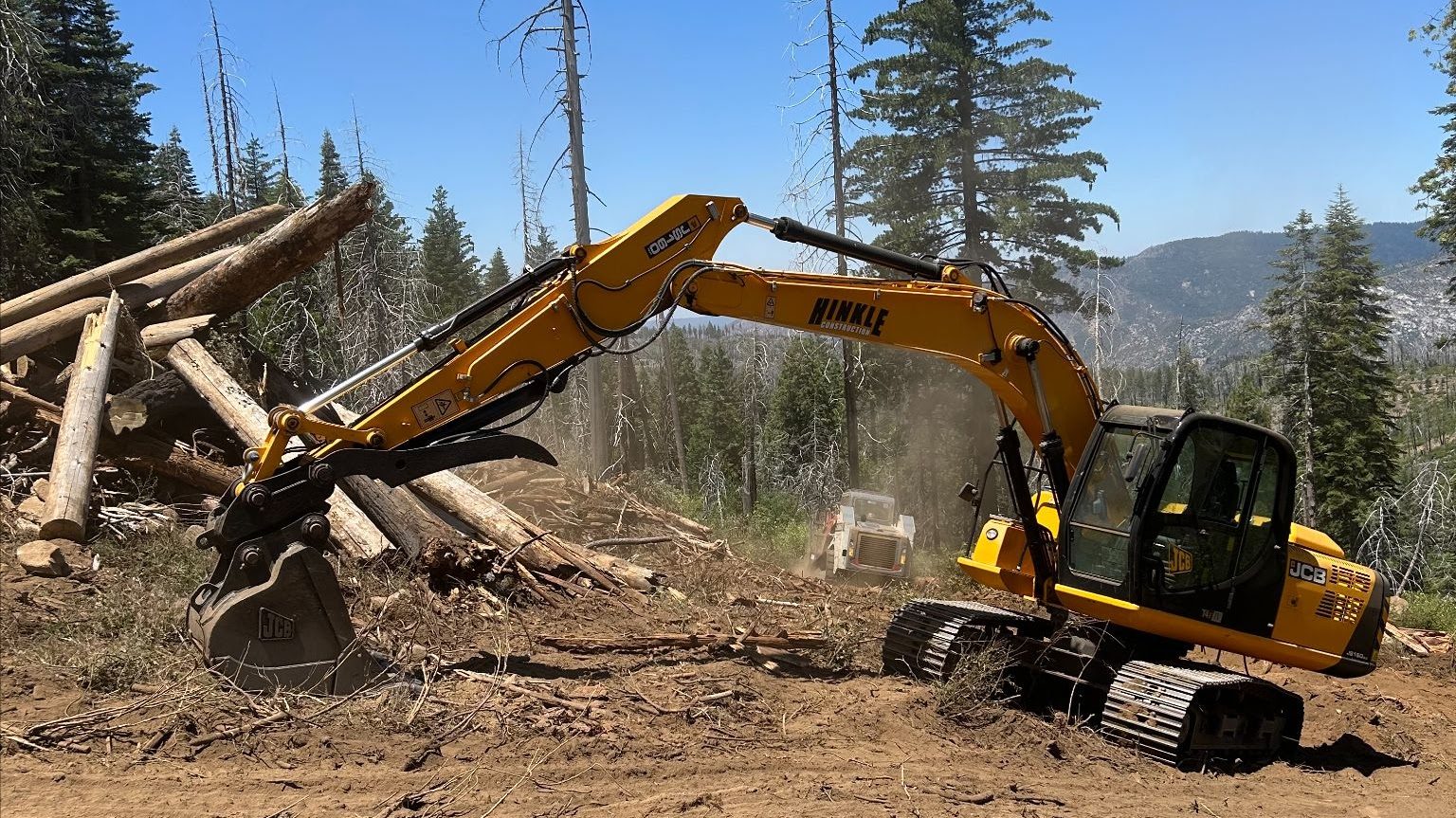 Excavator clearing brush and trees